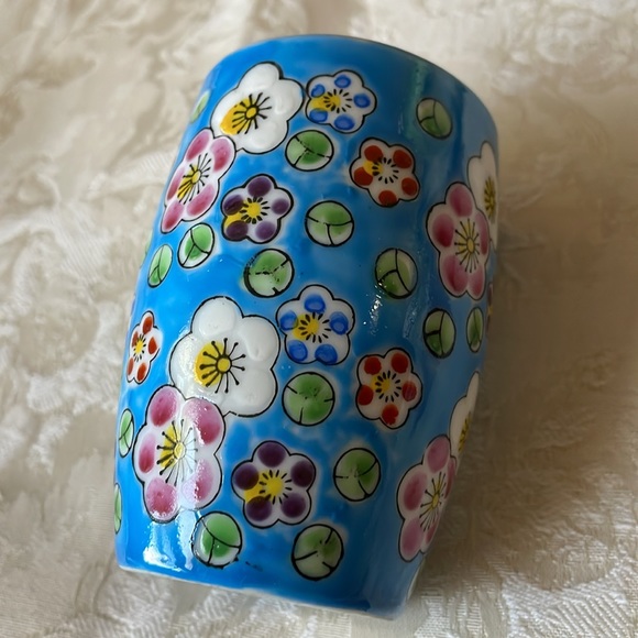 VTG CMI Chadwick hand painted saki cup tumbler vase porcelain blue floral - Picture 2 of 5